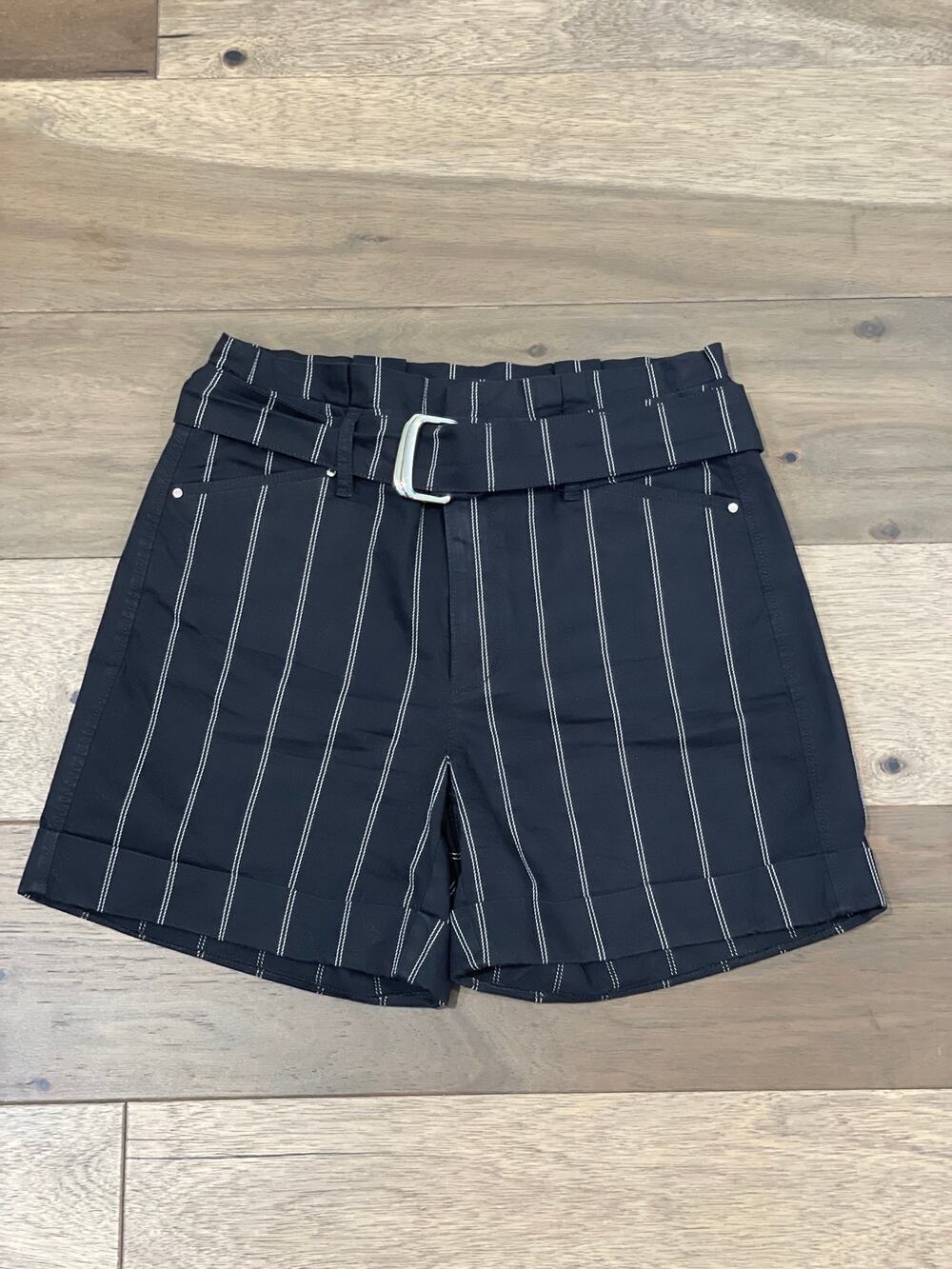 White House Black Market The 5" Short Black White Pinstriped Paperbag Waist
